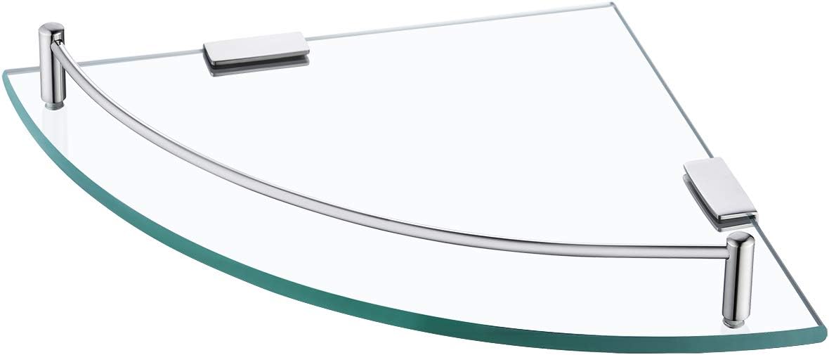 KES Glass Corner Shelf Bathroom Shelf Tempered Glass with Rail SUS 304 Stainless Steel Floating Wall Mount Bracket Polished Finish, BGS2101A