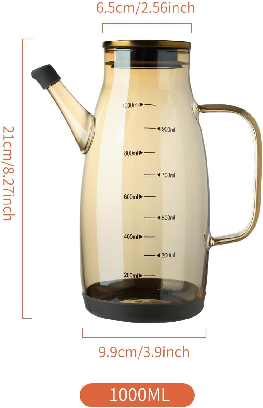 Large Glass Oil Dispenser Bottle for Kitchen Cooking Recipiente Para Aceite De Cocina Olive Oil Vinegar Dispenser Cruet Stainless Steel Lid No Drip Liquid Container (Champagne, 34oz /1000ml)