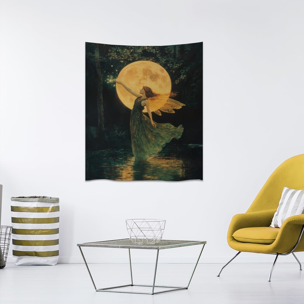 Whimsical Fairy Tapestry Fantasy Moonlight Fae Goddess Print Moody Gothic Aesthetic Wall Hanging Magical Forest Pictures Dark Cottage Witchy Tapestries for Girls Room Bedroom 60x80inch
