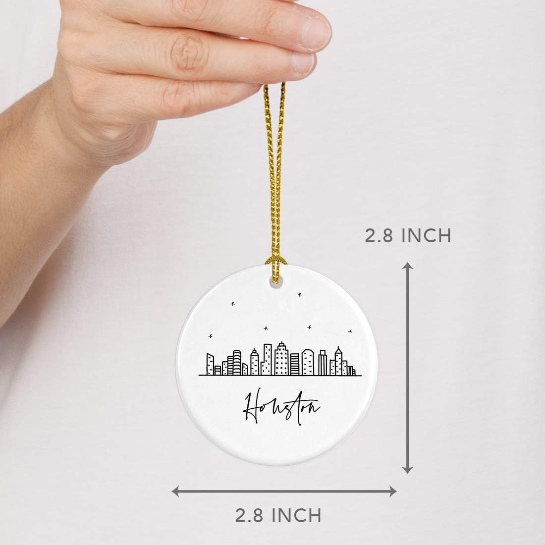Andaz Press Round Ceramic Porcelain Christmas Tree Ornament Keepsake, Houston Black and White Stars City Skyline Graphic, 1-Pack, Birthday Gift Idea for Family, Coworker, Him, Her, Includes Gift Box
