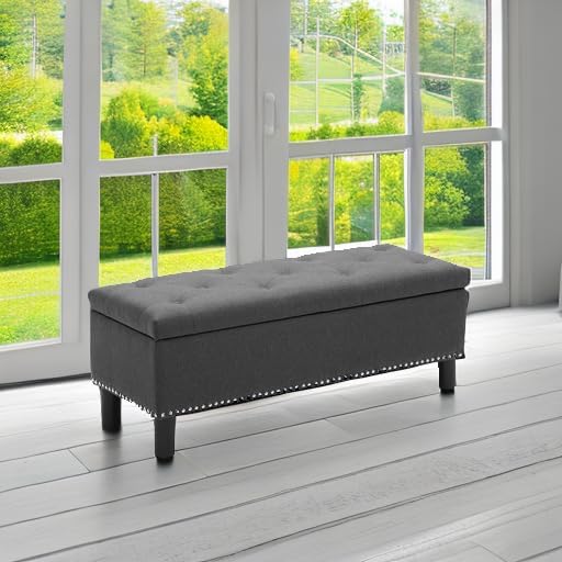 Furniliving Ottoman Bench with Storage, Folding Storage Ottoman Bench with Wood Legs, Upholstered Bedroom Bench with Button-Tufted, Entryway Bench Storage Bench for Bedroom, Linen (Darkgrey)