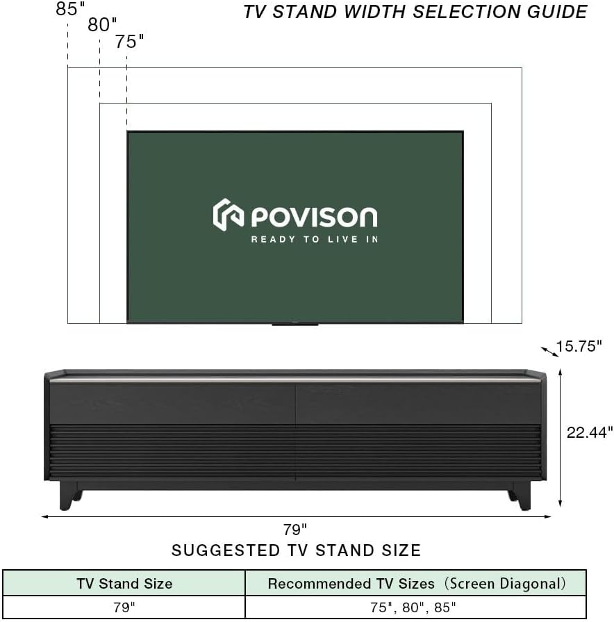 POVISON Fully-Assembled Mid Century Glossy Sintered Stone Tabletop TV Stand with Legs, Wood Media Console with Adjustable LED Light for 75-inch TVs, Entertainment Center with Storage for Living Room