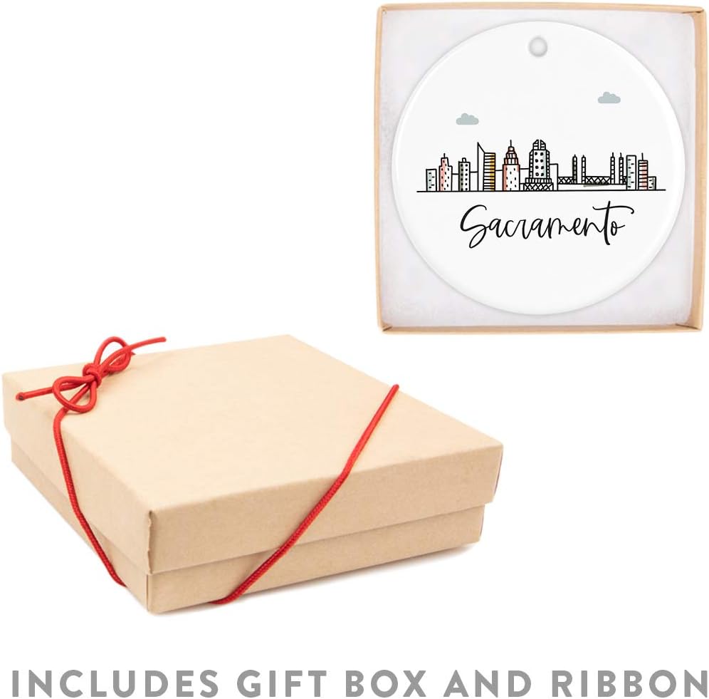 Andaz Press Round Ceramic Porcelain Christmas Tree Ornament Keepsake Gift, Sacramento, Colorful City Skyline Graphic, 1-Pack, Birthday Ideas Family Coworker Him Her, Includes Gift Box