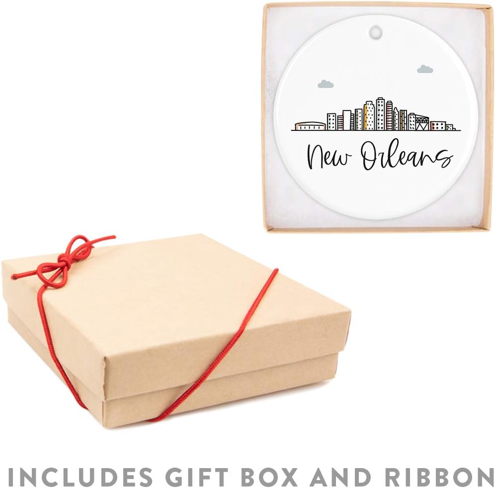 Andaz Press Round Ceramic Porcelain Christmas Tree Ornament Keepsake Gift, New Orleans, Colorful City Skyline Graphic, 1-Pack, Birthday Ideas Family Coworker Him Her, Includes Gift Box