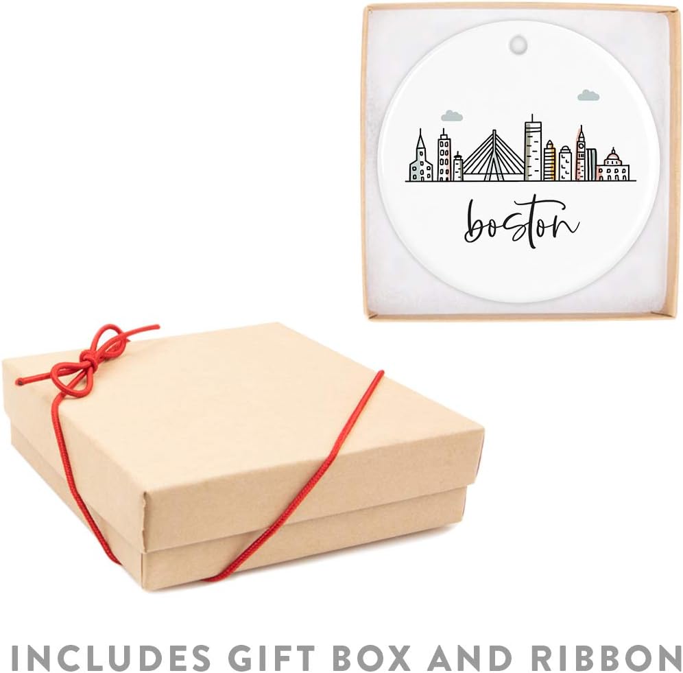 Andaz Round Ceramic Porcelain Christmas Tree Ornament Keepsake Gift, Colorful Boston City Skyline, 1-Pack, Birthday & Ideas for Family & Coworkers, Includes Box