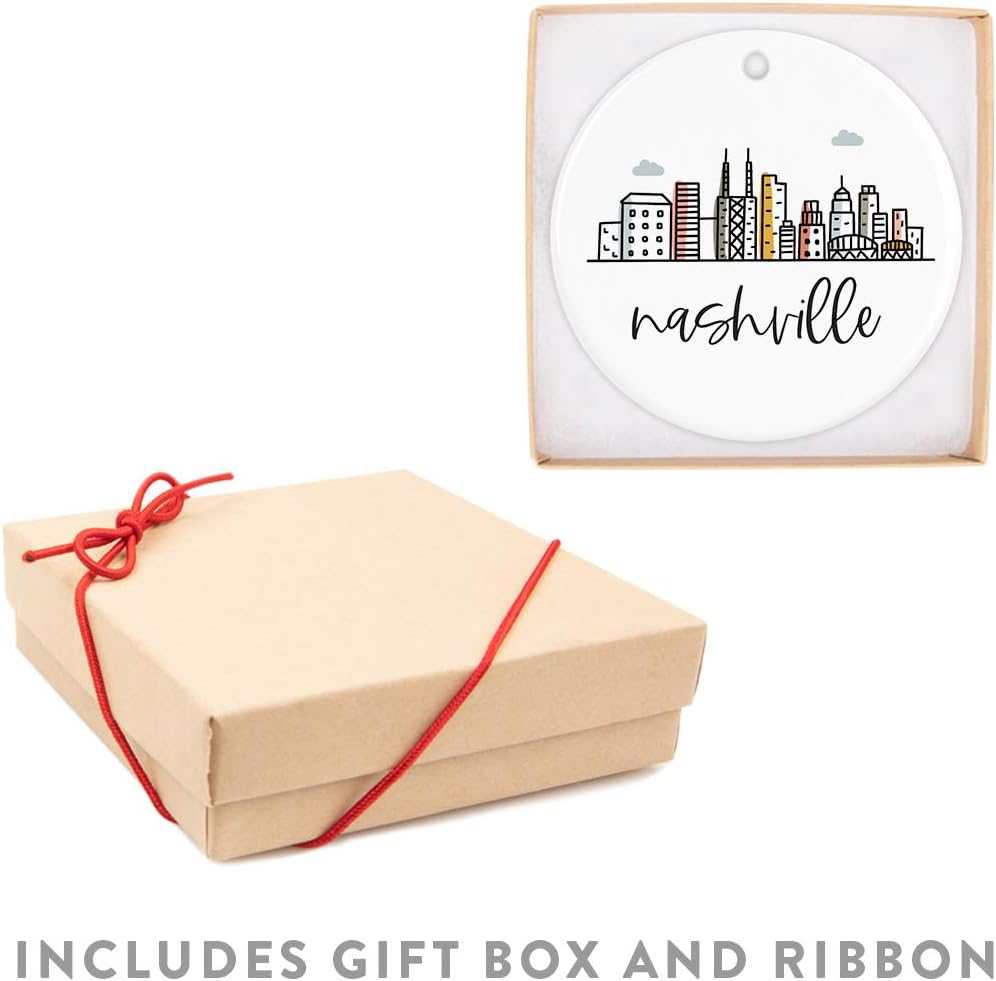 Andaz Press Round Ceramic Porcelain Christmas Tree Ornament Keepsake, Nashville Colorful City Skyline 1-Pack Birthday Ideas Family Coworker Includes Box Ornament