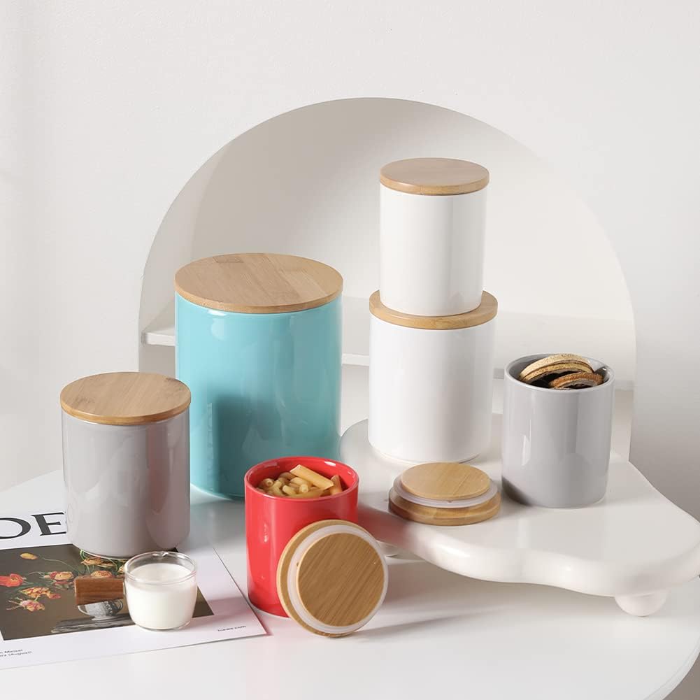 Sweejar Kitchen Canisters Ceramic Food Storage Jar Set, Stackable Containers with Airtight Seal Bamboo Lid for Serving Ground Coffee, Tea,Grains, Herbs,Sugar, Salt and More - Pack of 4(Turquoise)