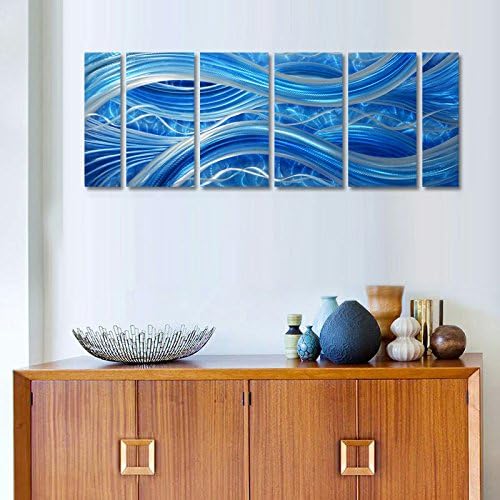 MyArton Handmade Abstract Metal Wall Art with Soft Color, Large Scale Decor in Blue Line Design, 3D Artwork for Indoor Outdoor Wall Decorations, 6-Panels Metal Art Measure 24"x 65"