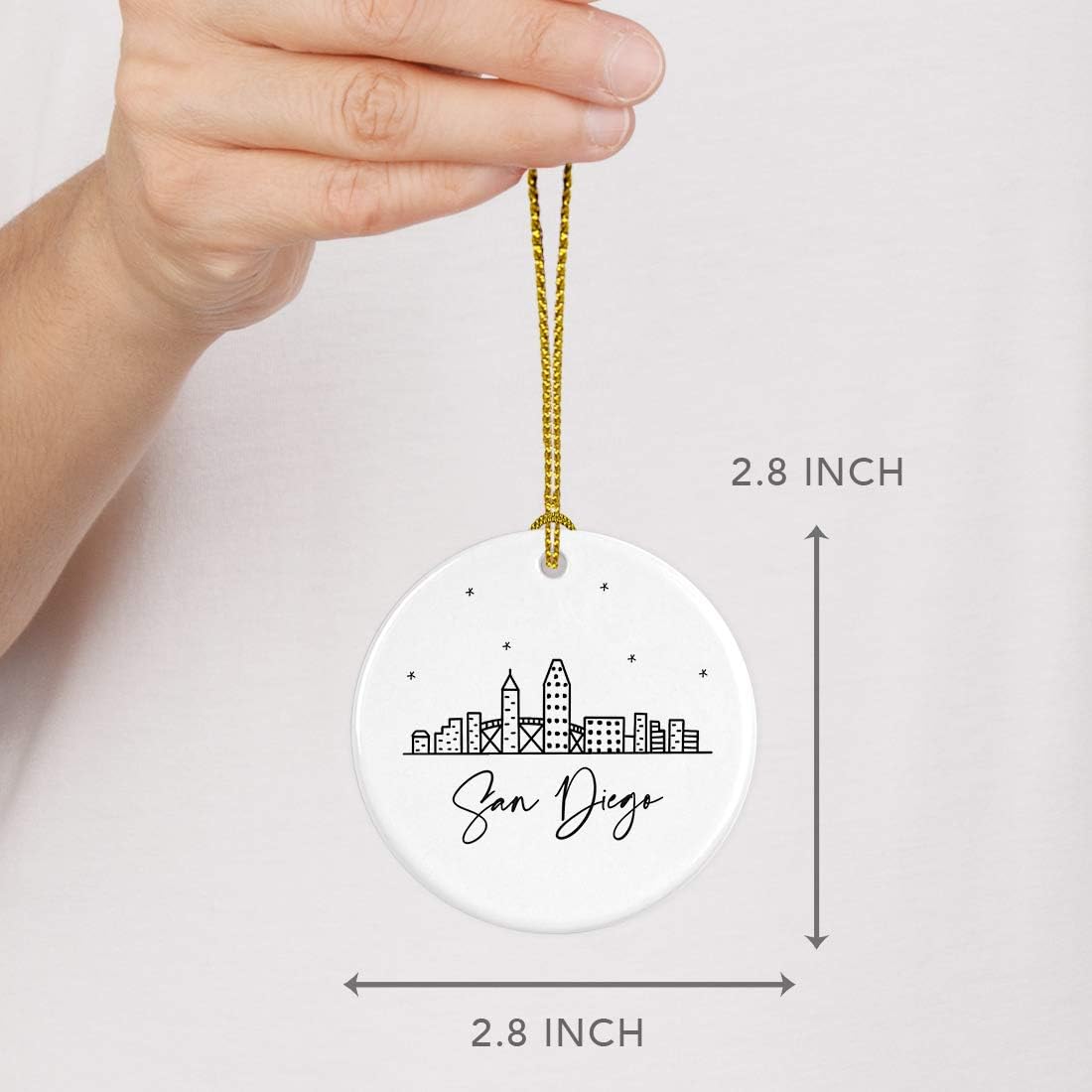 Andaz Press Round Ceramic Porcelain Christmas Tree Ornament Keepsake, San Diego Black and White Stars City Skyline Graphic, 1-Pack, Birthday Gift Idea for Family, Coworker, Him, Her, Includes Gift Box