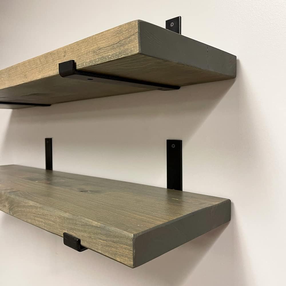 Rustic Shelves with J-Brackets Set of 2, Industrial Shelf, Kitchen Shelves, Solid Wood, Decorative Wall Storage, Heavy Duty, URBANDI (Grey, 48Wx12D)