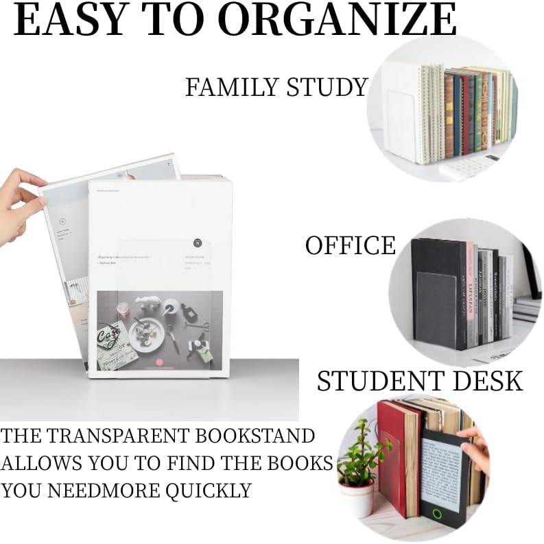 Lulonpon 8 Pieces Book Ends, Bookends, Books Stand, Books Stoppper, Clear Bookend for Shelves, Acrylic Book Ends for School, Library, Desktop Organizer 