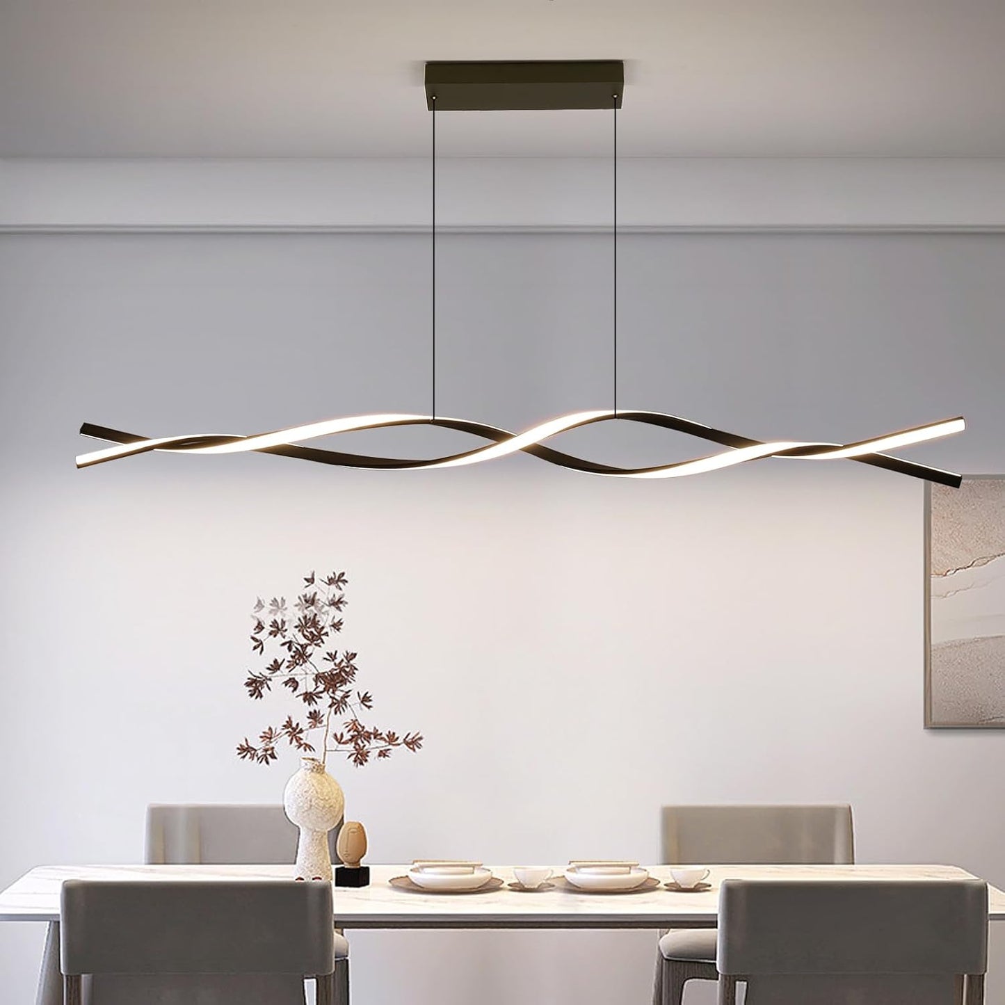Modern Ceiling Chandelier Light, Acrylic Anti Flicker Pendant Lamp with Remote Control Dimmable 3 Color Mode & Brightness (Warm Cool Neutral Light) for Kitchen Bar Walnut 57in