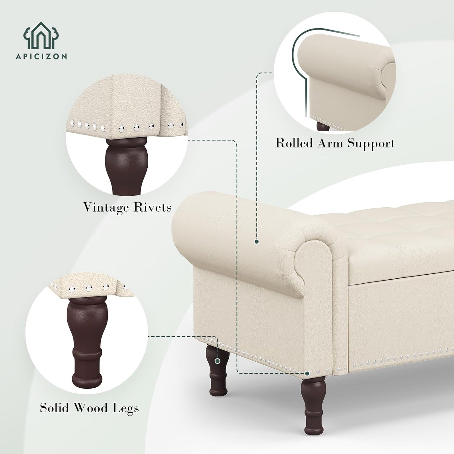 Apicizon 51”Storage Ottoman Bench, Soft Faux Leather Indoor Bench with Rolled Arm and Vintage Rivets, Large Storage Chest for Bedroom, Living Room, Entryway,Beige+Brown Legs