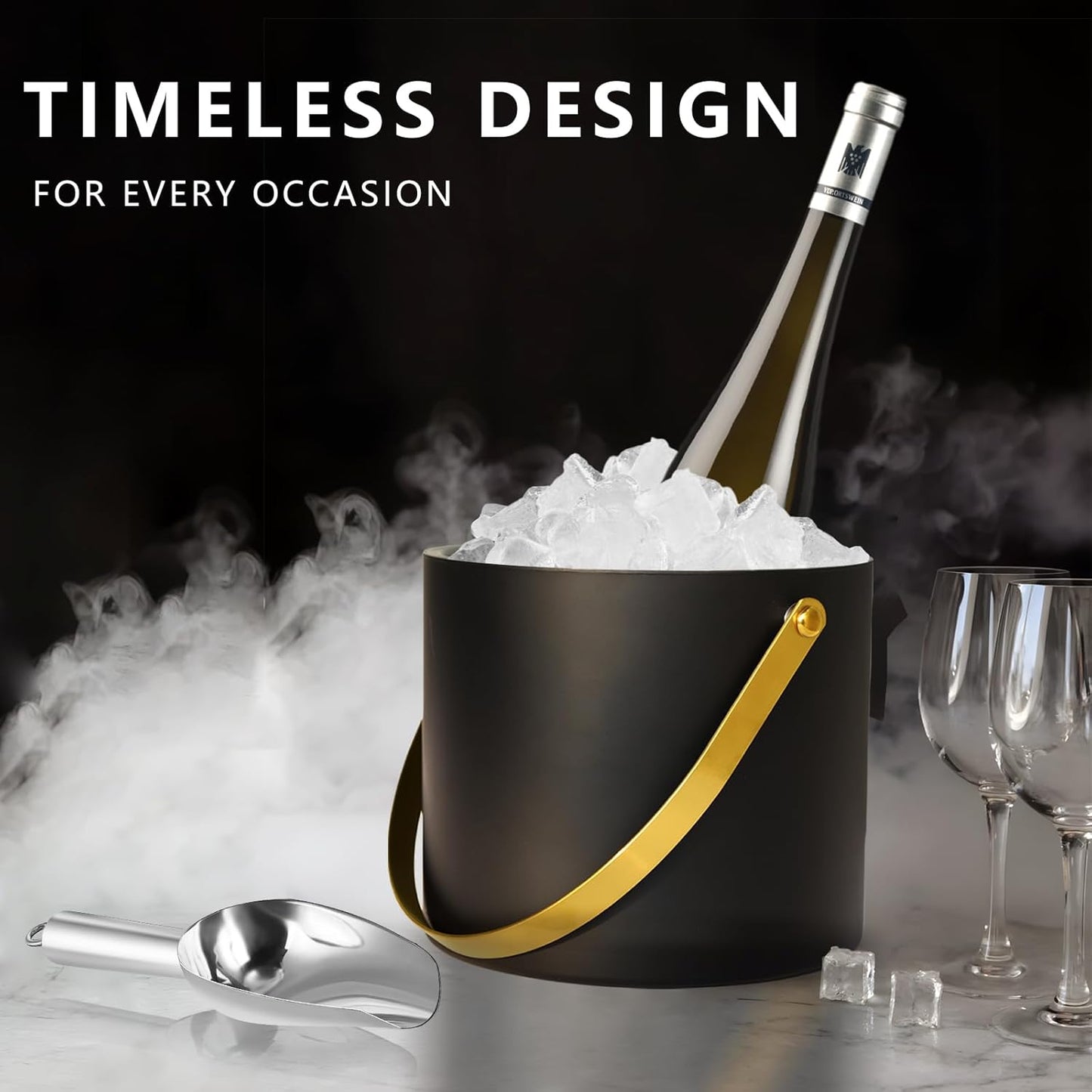 2L Ice Bucket with Silicone Lid, Scoop, Gold Tongs & Strainer, Stainless Steel Double Wall Insulated Ice Buckets for Parties & Cocktail Bar Outdoor Champagne Ice Container Bin, Black