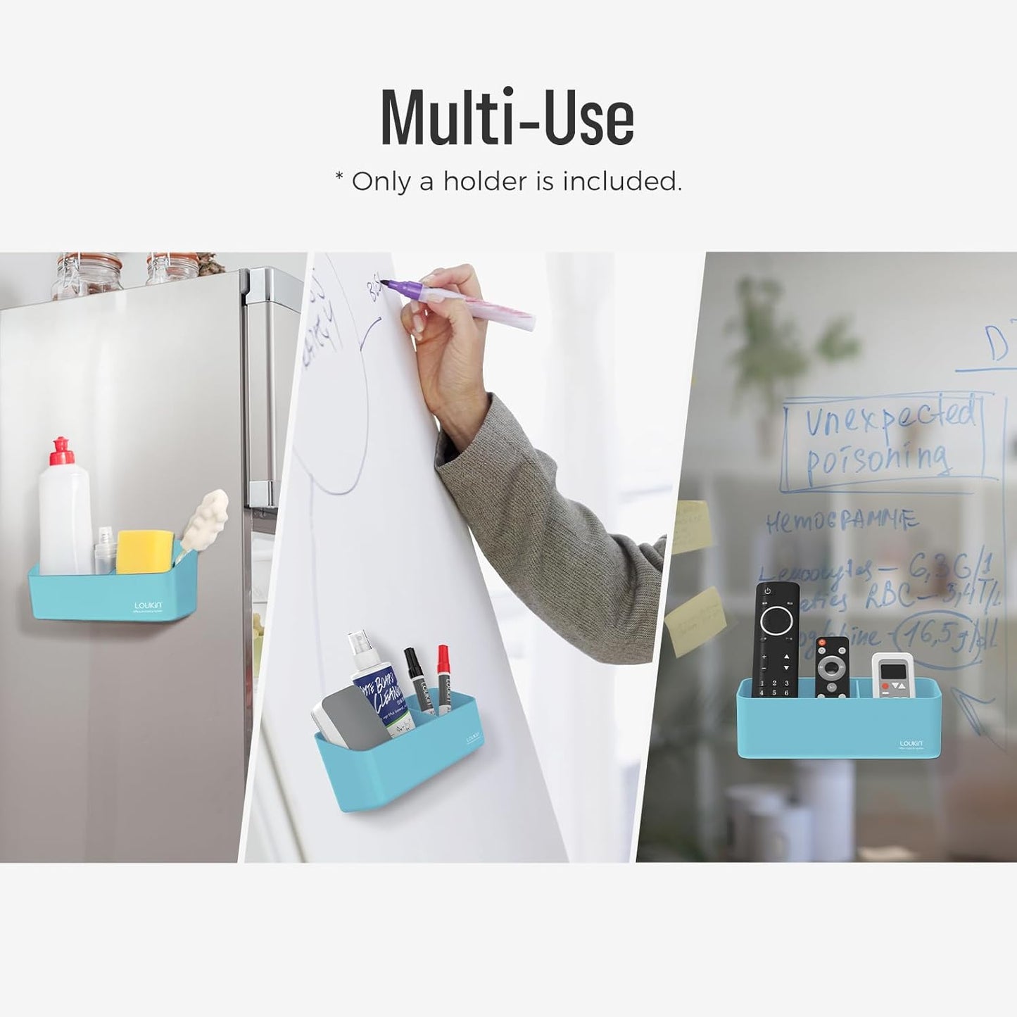 loukin Magnetic and Adhesive Marker Holder, Dry Erase Accessory Tray, Magnetic Storage Organizer for Whiteboard, Glass or Refrigerators (Sky Blue)