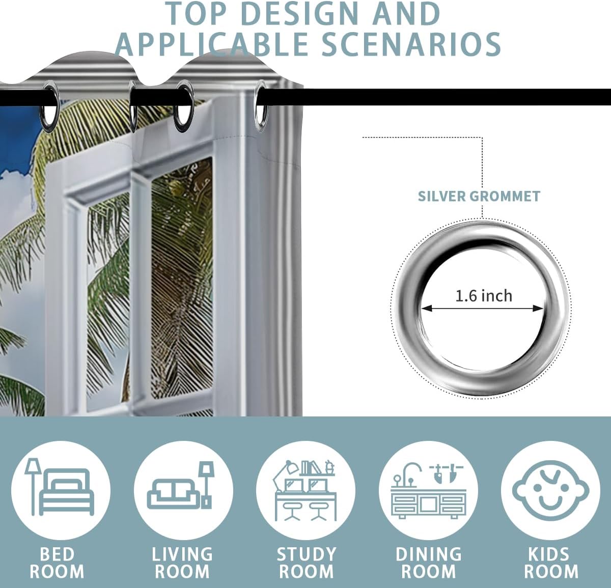 Beach Blackout Curtains for Girls Boys Teens Home Decor, Tropical Summer Scene Ocean Island Palm Tree Grommet Thermal Insulated Drapes Darkening Window Curtain for Bedroom Living Room, 42 x 63 Inch