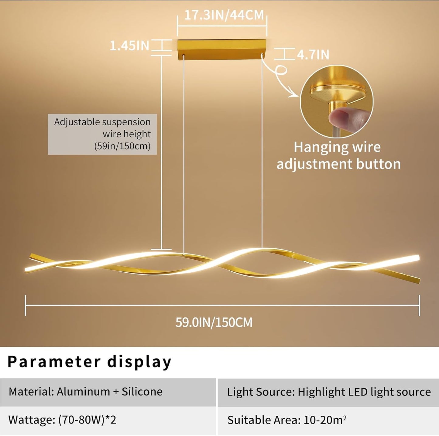 Modern Ceiling Pendant Light, with Remote Control Dimmable 3 Color Mode & Brightness Ceiling Lamp, Anti-Flicker Dining Light Fixture for Kitchen, Dining Room (Gold, 59IN)