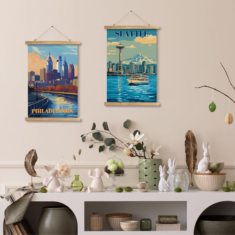 WREVERW Vintage Philadelphia Poster Canvas Print with Wooden Hanger Frame, Featuring Skyline and Schuylkill River, Wall Art for Home and Office Decor, 16x23 inches