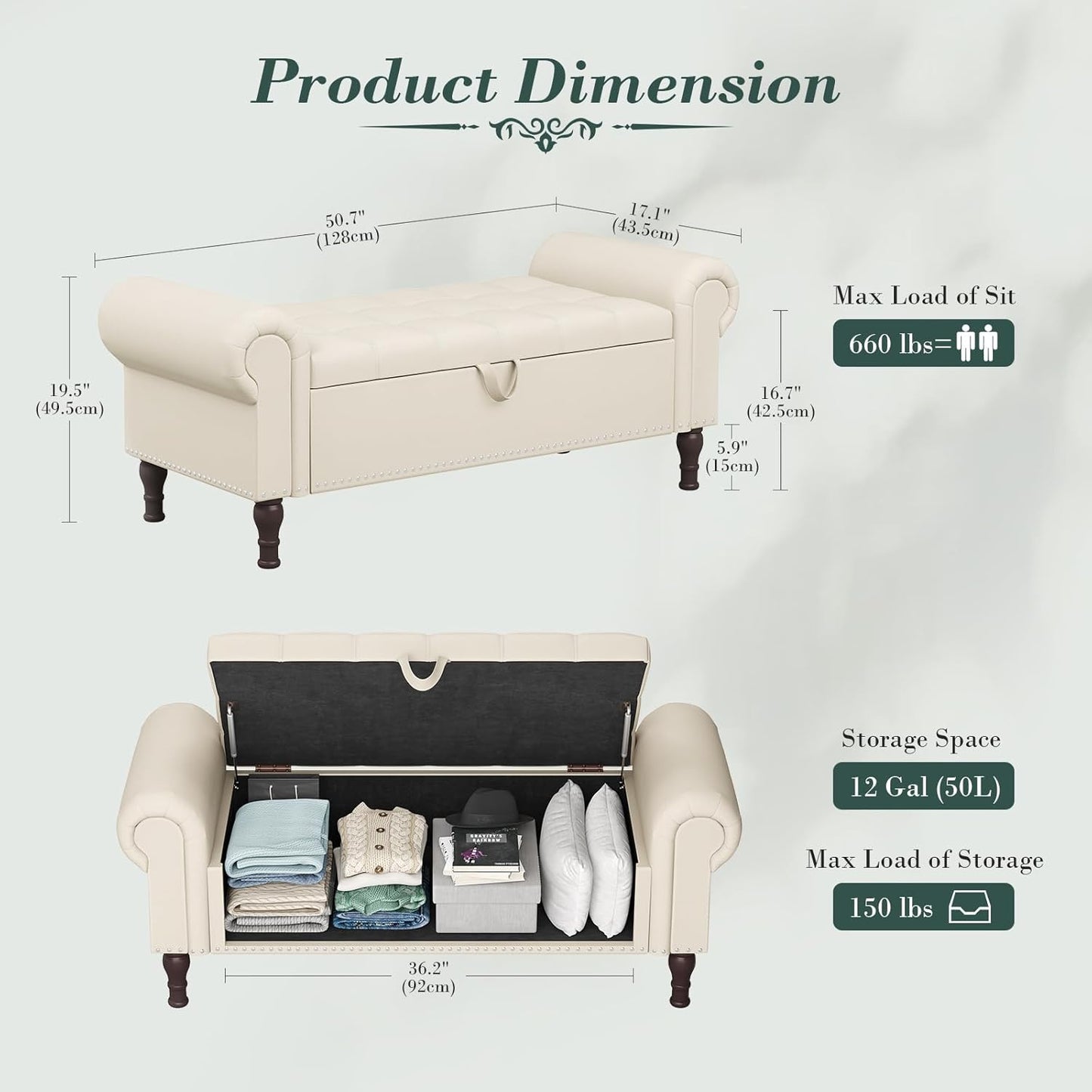 Apicizon 51”Storage Ottoman Bench, Soft Faux Leather Indoor Bench with Rolled Arm and Vintage Rivets, Large Storage Chest for Bedroom, Living Room, Entryway,Beige+Brown Legs