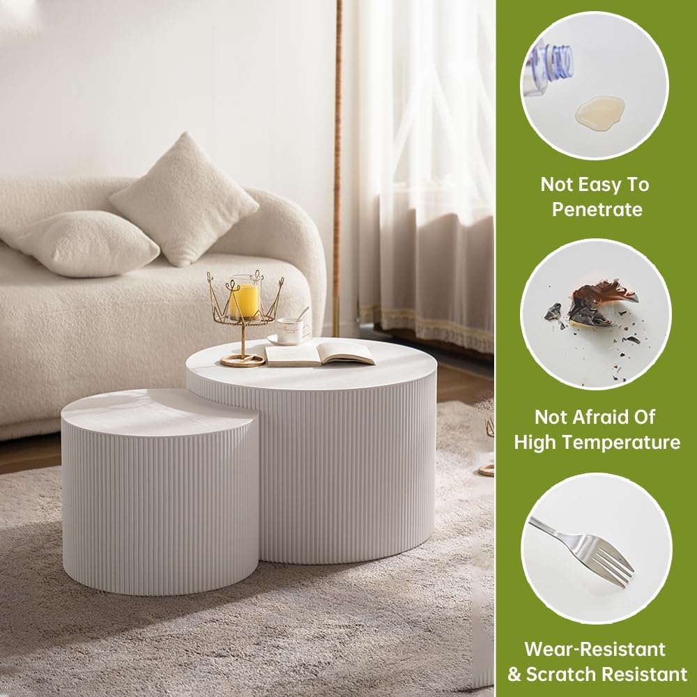 Round Nesting Coffee Table Modern White Fluted Coffee Table Set of 2 Stripe Round Coffee Tables Drum Crescent Side Table Accent End Table for Living Room (White A Small)