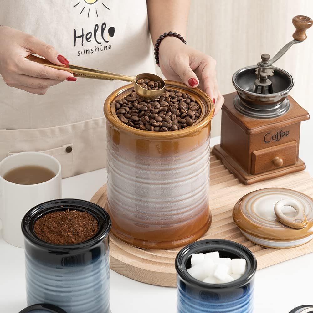 Nihow Ceramic Food Storage Jar Sets: Container with Air Tight Ceramic Lid for Flour/Sugar/Rice/Coffee/Cookies/Candy - Seal Damp-proof Canister for The Kitchen - Set of 3 (Brown)