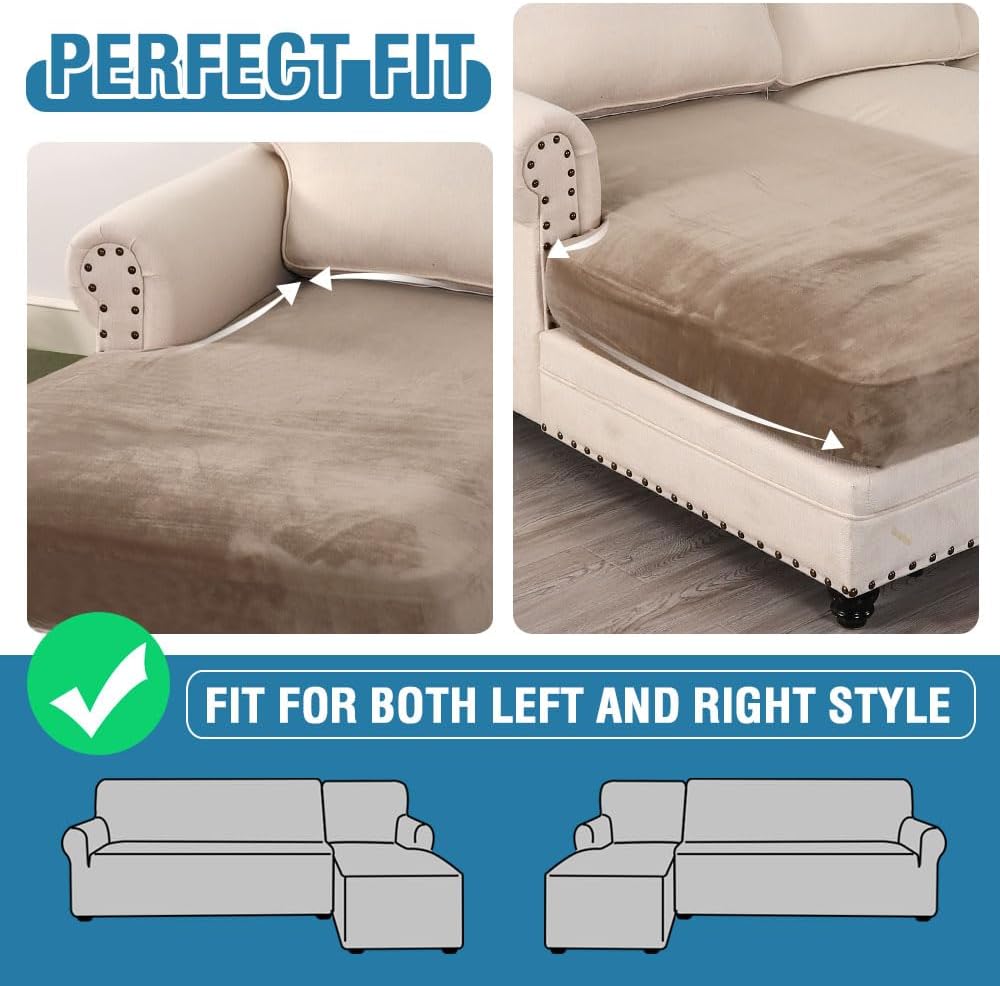 H.VERSAILTEX Velvet Stretch Individual Chaise Cover Sectional Couch Covers for L Shaped Sofa Both Left/Right Furniture Protector Seat Cushion Sofa Cover (1 Piece Chaise Cover, Taupe)