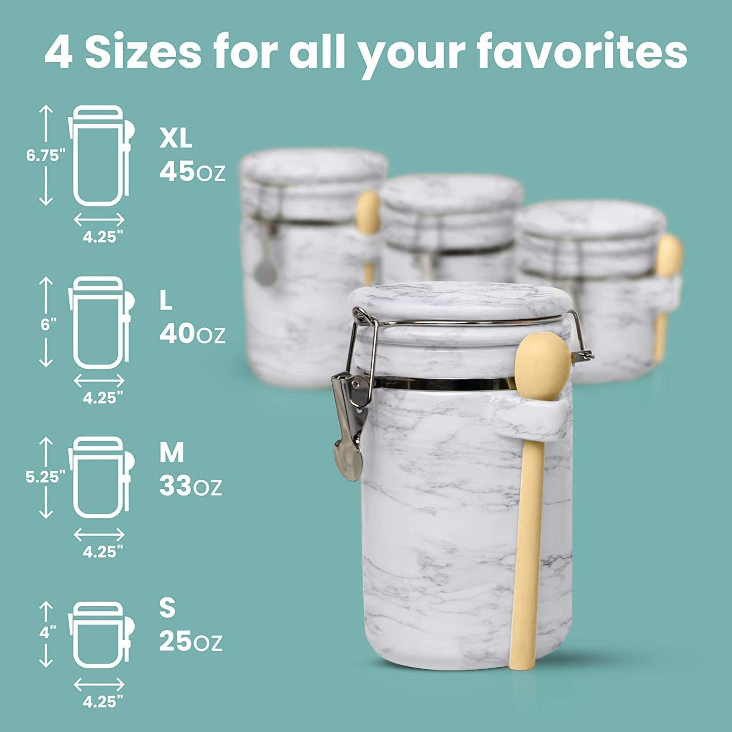 Home Intuition 4-Piece Ceramic Kitchen Canisters Set, Airtight Containers with Wooden Spoons Reusable Chalk Labels and Marker for Sugar, Coffee, Flour, Tea (White Marble)
