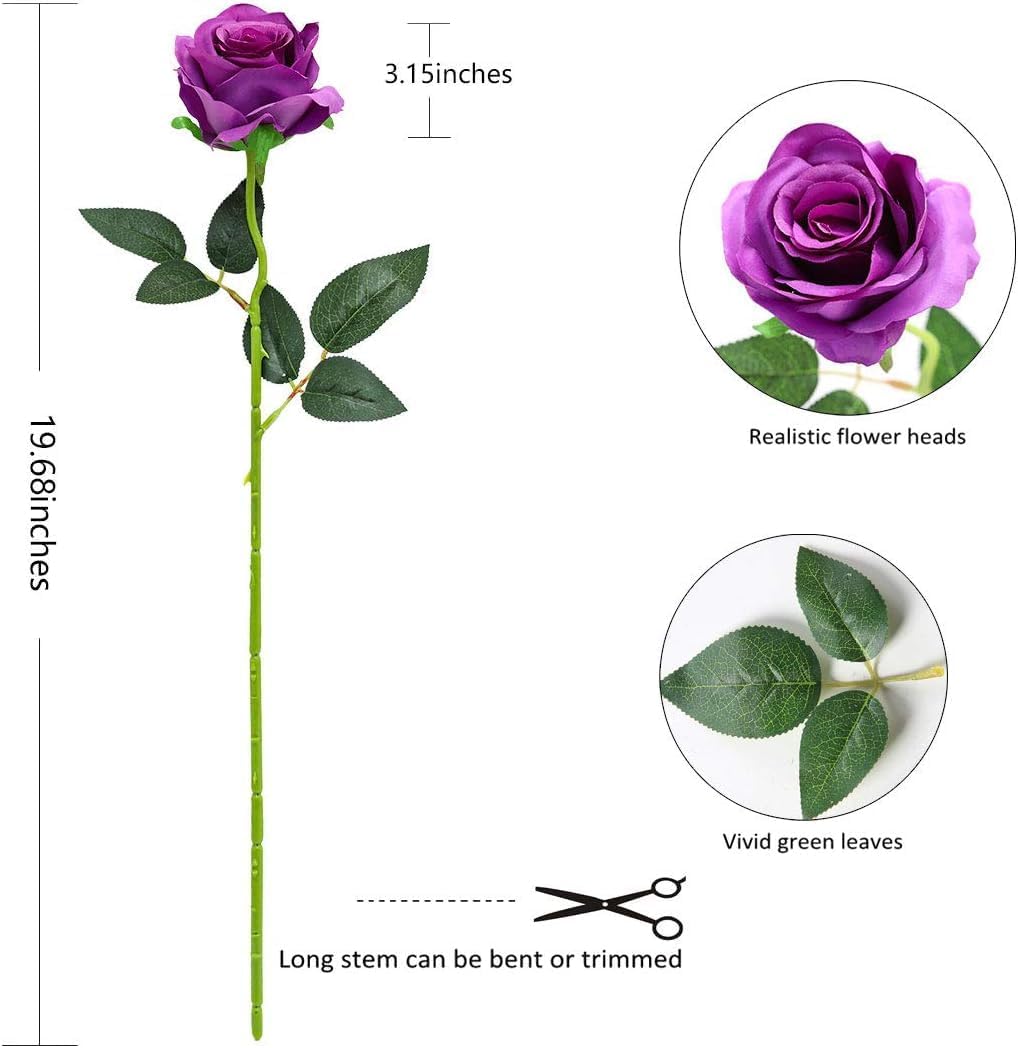 Purple Fake Roses Artificial Flowers - 10 Pcs Fake Artificial Roses Silk Flowers with Stems for Home Wedding Hotel Office Centerpiece Decor