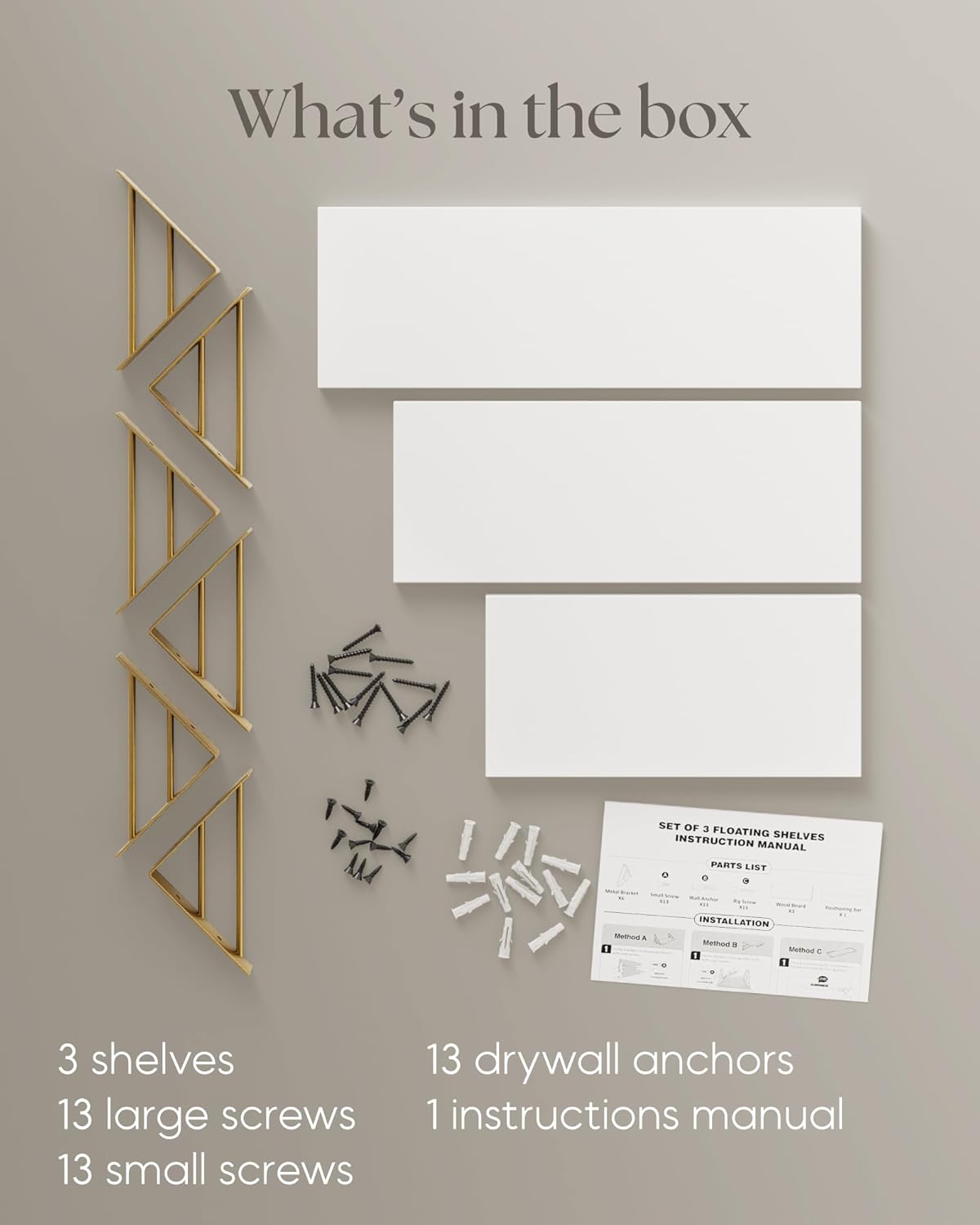 BAYKA Wall Shelves for Bedroom Decor, Floating Wall Shelves for Living Room Kitchen Storage, Wall Mounted Rustic Wood Shelves for Kids Books,Corner Shelves for Bathroom(White and Gold,Set of 3)