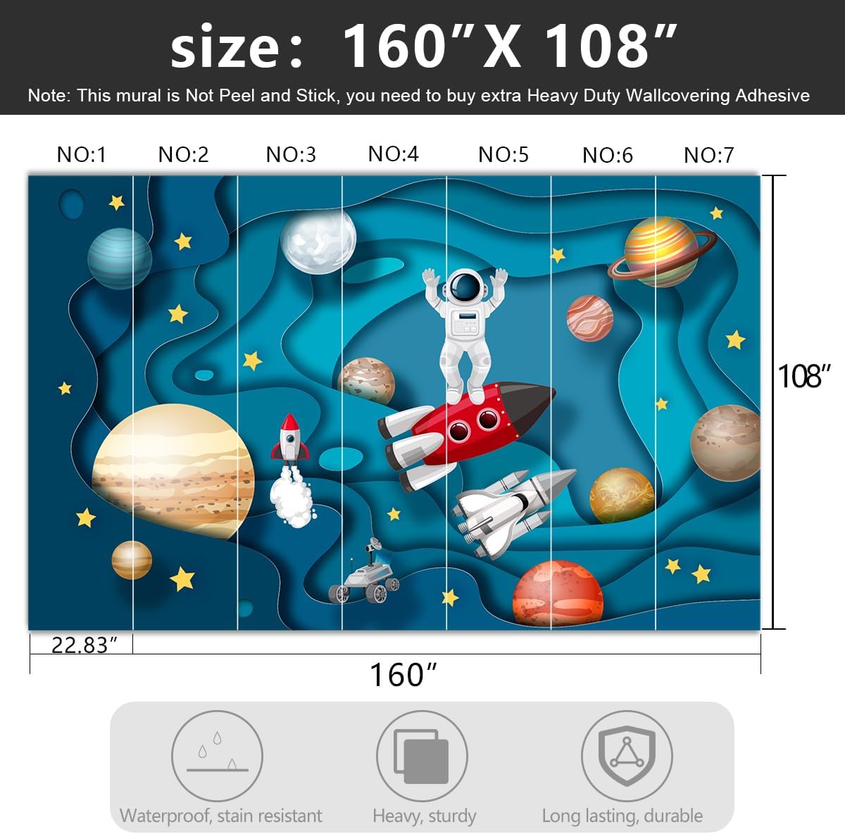 -Kindergarten Children Galactic Planet Fabric Wallpaper Living Room Bedroom Boys Girls Children Cartoon Astronauts Large Mural- 160"x108"( not Peel and Stick)