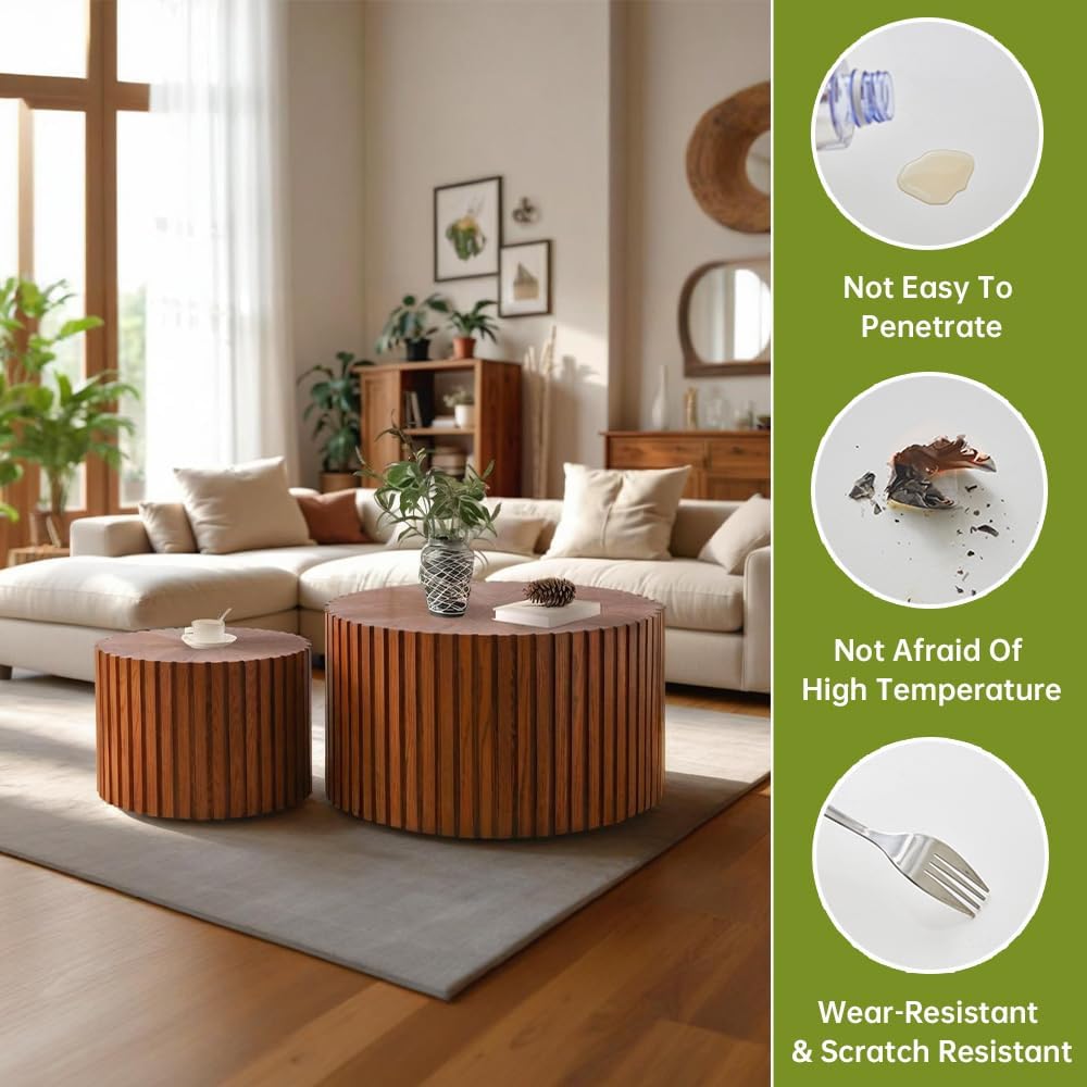 Round Nesting Coffee Table Modern Walnut Fluted Coffee Table Set of 2 Stripe Round Coffee Table Circle Drum Coffee Tables for Living Room (Walnut Large)
