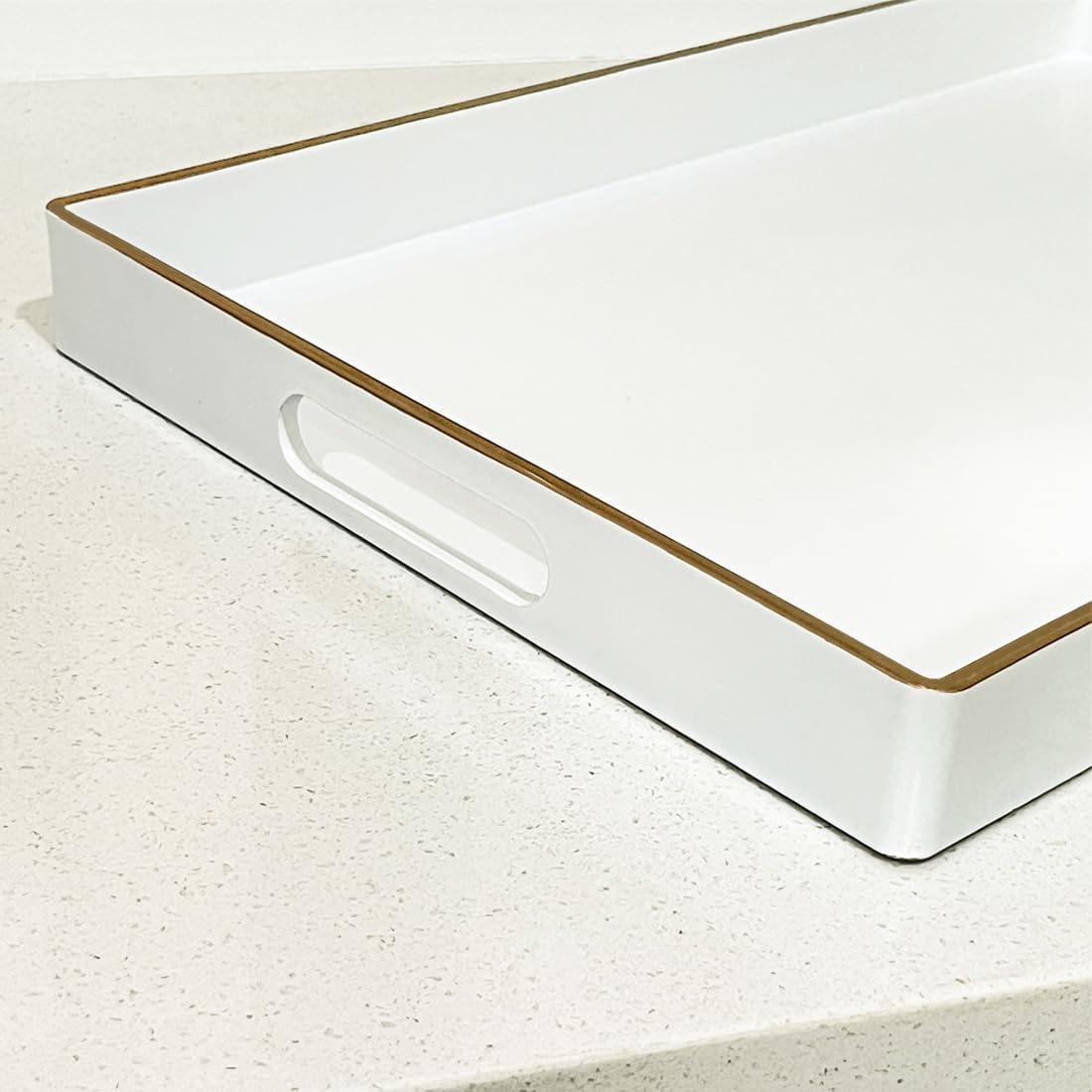 Large White Rectangular Decorative Tray – Plastic Serving Tray with Handles for Coffee Table, Ottoman, Living Room, 15.7” x 11.8” x 1.6