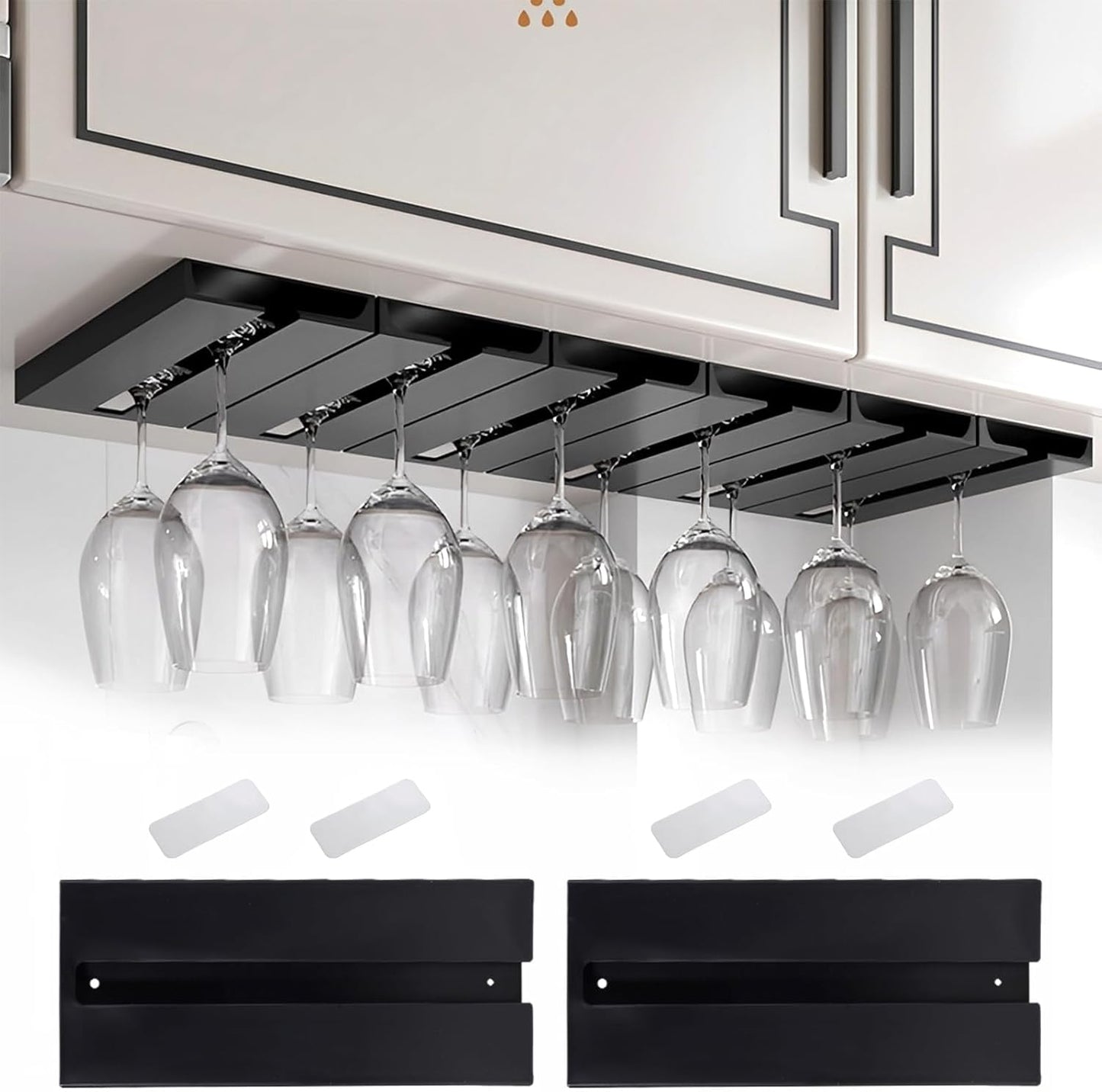 2Pcs Wine Glass Holder,Stemware Rack Plastic Punch-free Hanging Under Cabinet for Bar,Kitchen and Restaurant (black)