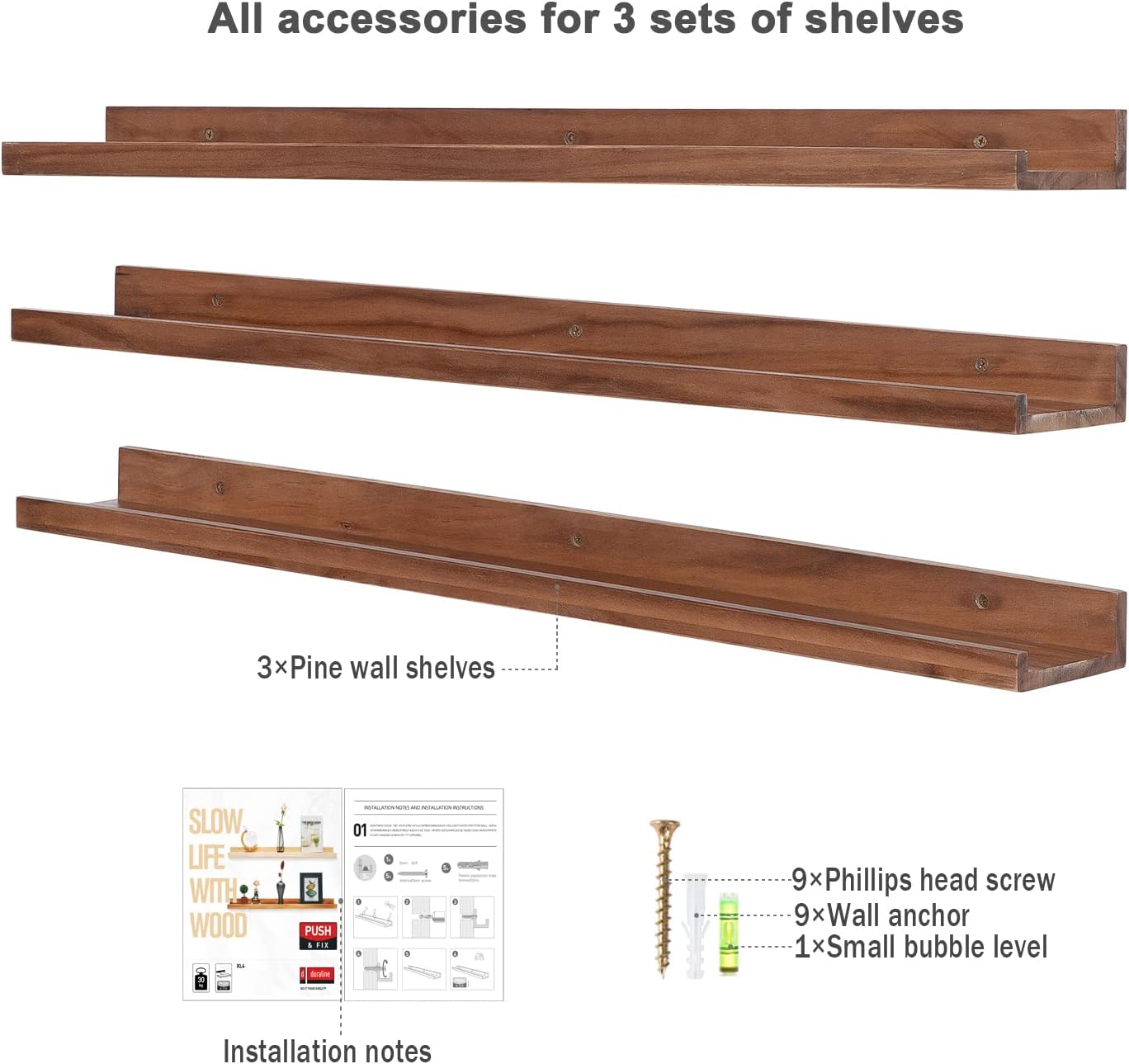 AZSKY 36 Inch Floating Book Shelves Rustic Wood Wall Picture Ledge Shelf for Storage Light Walnut Wall Mounted Picture Photo Display Shelf a Set of 3 Hanging Book Shelf
