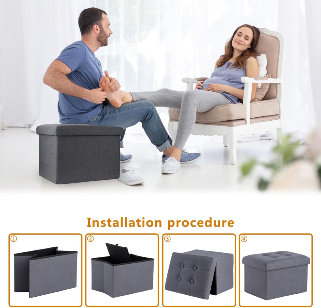 ALASDO Storage Ottoman Footrest Stool Small Ottoman with Storage Foldable Ottomans Foot Rest Footstool Bench for Living Room 17x13x13inches Grey