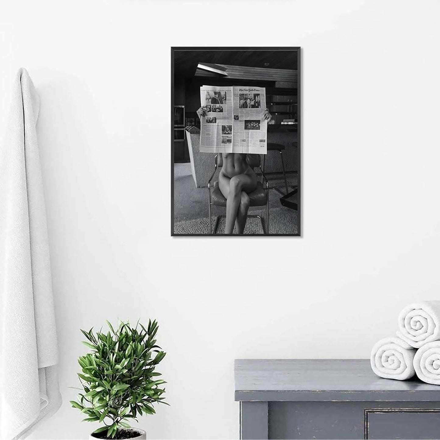 Sexy Glamorous Reader Poster Feminist Art Black and White Preppy Canvas wall art Retro Room Aesthetic Newspaper prints painting Trendy Naked Women Art wall decor 12x16in Framed