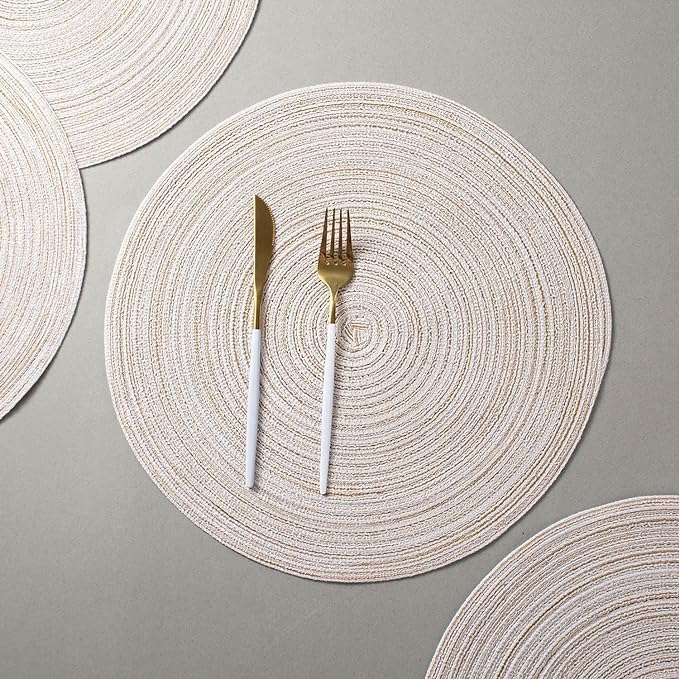 AHHFSMEI Round Braided Placemats Set of 8 Round Table Mats for Dining Tables Natural Woven Heat Resistant Place mats 15 Inch(Beige,8)