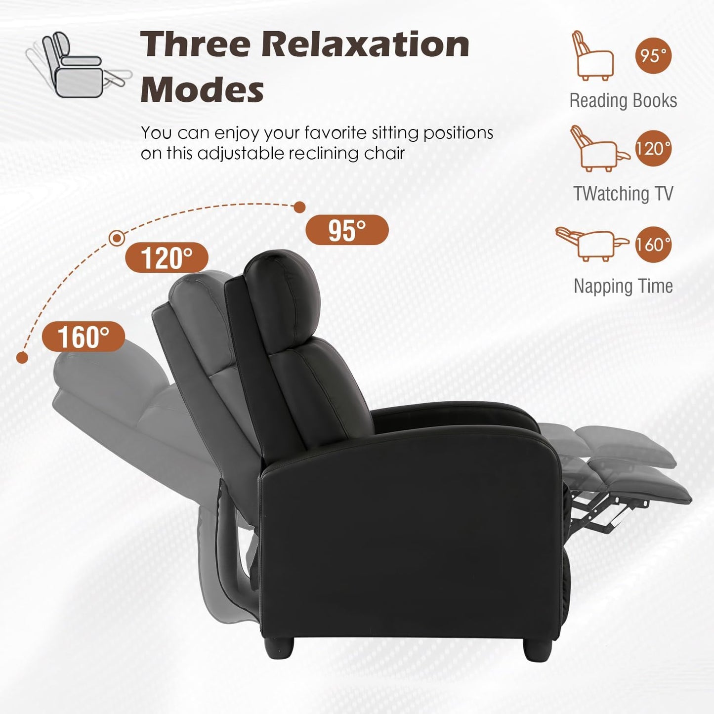 BestMassage | Recliner Chair | No Massage Function | Leather Black | with Lumbar Support, Adjustable Push Back, Wide Armrests, Footrest & Padded Seat | Easy Assembly | for Living Room, Home Theatre