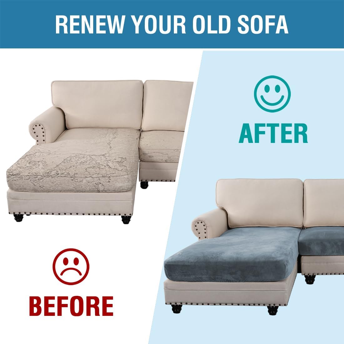 H.VERSAILTEX Velvet Stretch Sectional Couch Covers - 4 Piece Sofa Seat Cushion Set - L Shape Separate Cushion - Both Left/Right Couch Chaise Cover - Large Sofa 3 Seater + 1 Chaise, Stone Blue