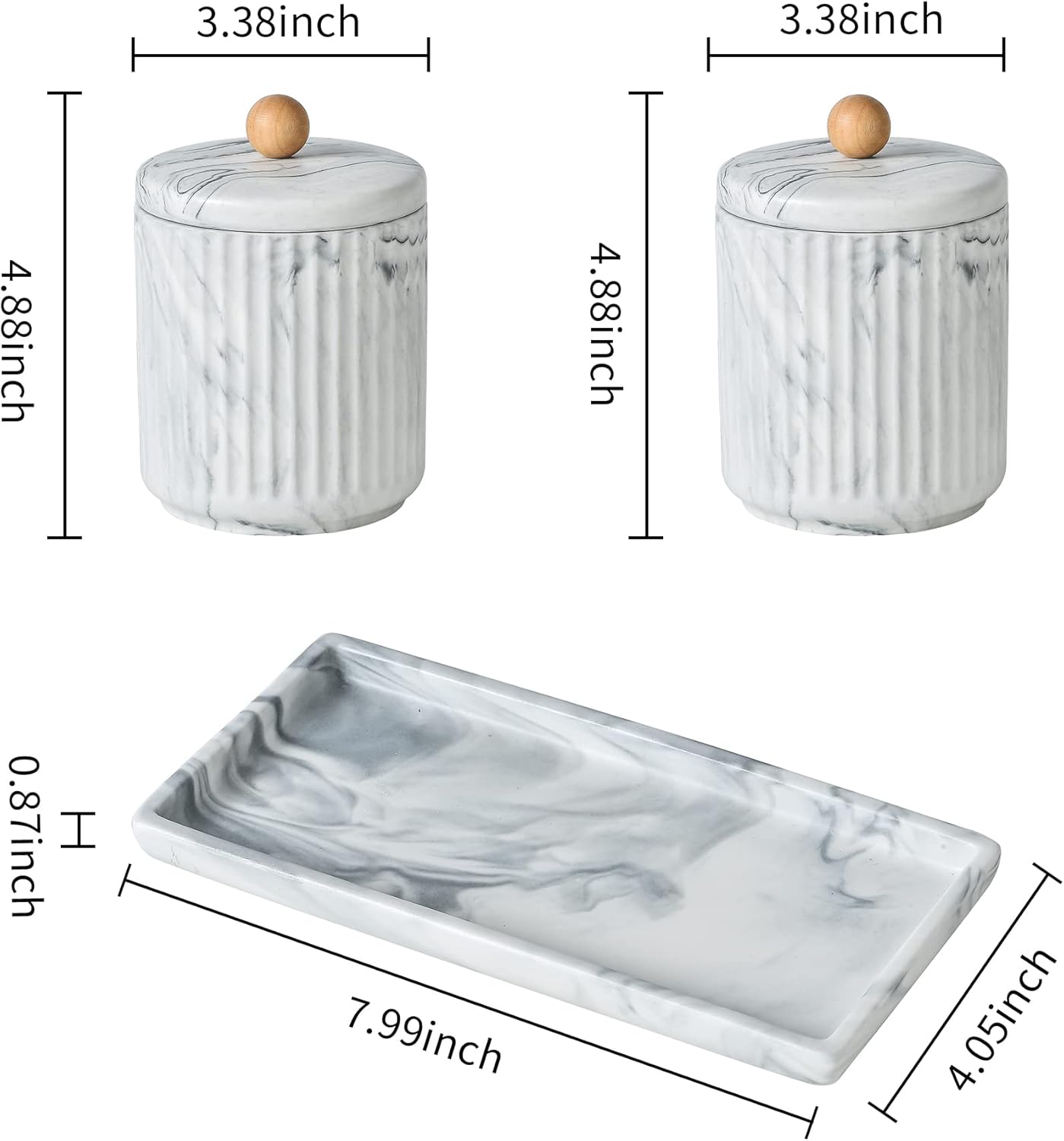 Marble Small Bathroom Jar Set ,Ceramic Cotton Swabs Holder with Lid and Dresser Organizer Set Tray for Storage and Organizing in Bathroom, Dresser, Kitchen, Office