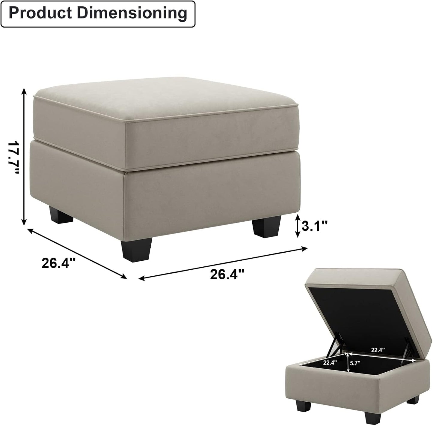 Belffin Storage Ottoman Module for Modular Sectional Sofa Square Seat Cube Velvet Foot Stool Grey