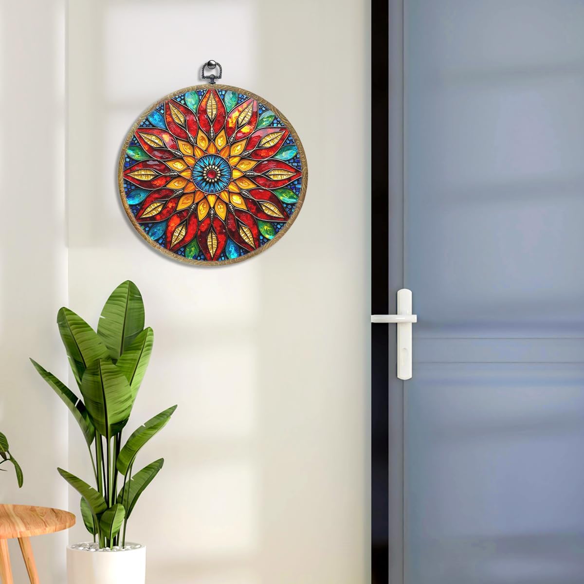 Colorful Geometric Mandala Framed Round Wall Decor Canvas Wall Art Hanging Prints Artwork for Home Office Kitchen Nursery Bedroom Living Room Porch Garden Birthday Decorations 10.2X10.2 Inch