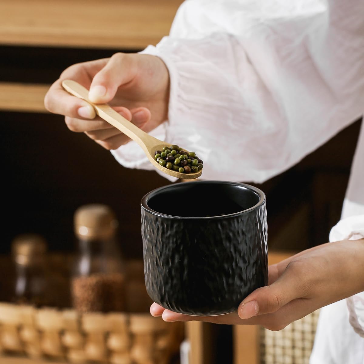 Black White Ceramic Coffee Canister Tea Canister with Seal Wood Lid, Airtight Coffee Storage Container for Coffee Bean, Ground Coffee, Sugar, Cookie Candy jar (Black three piece)