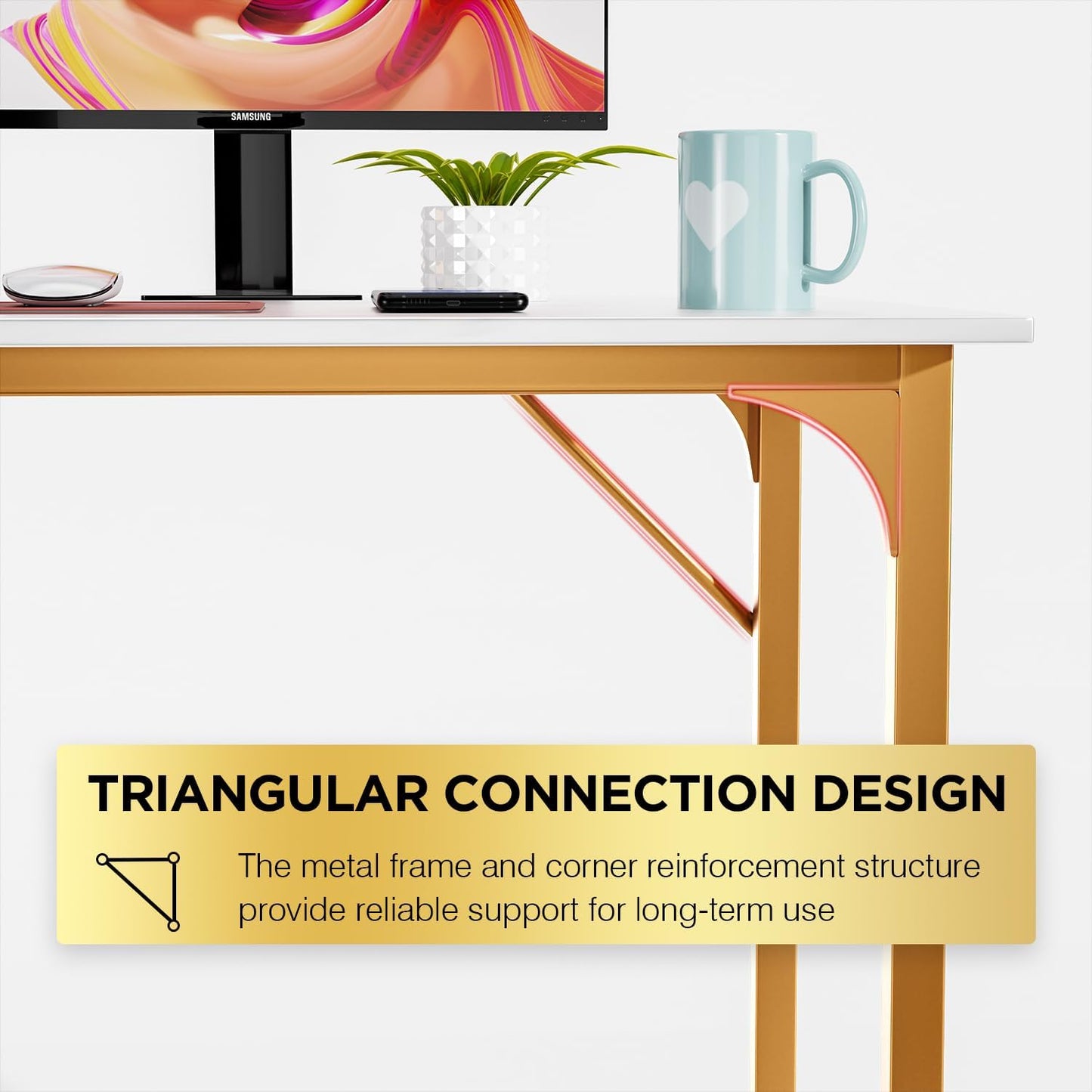 PayLessHere | 47 Inch Computer Desk | White Gold | Office Desk with Metal Frame, Adjustable Feet | Water-Resistant, Scratchproof Surface | Sturdy Writing Table for Home Office or Study | Pack of 1