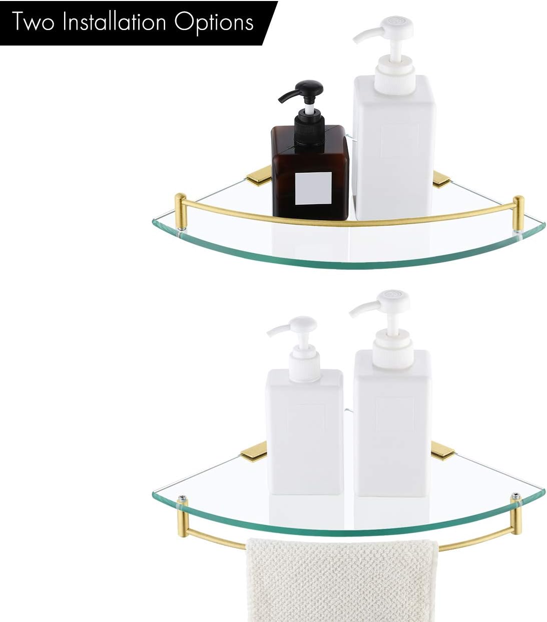 KES Glass Corner Shelf Bathroom Shelf Tempered Glass with Rail SUS 304 Stainless Steel Floating Wall Mount Bracket Brushed Gold, BGS2101A-BZ