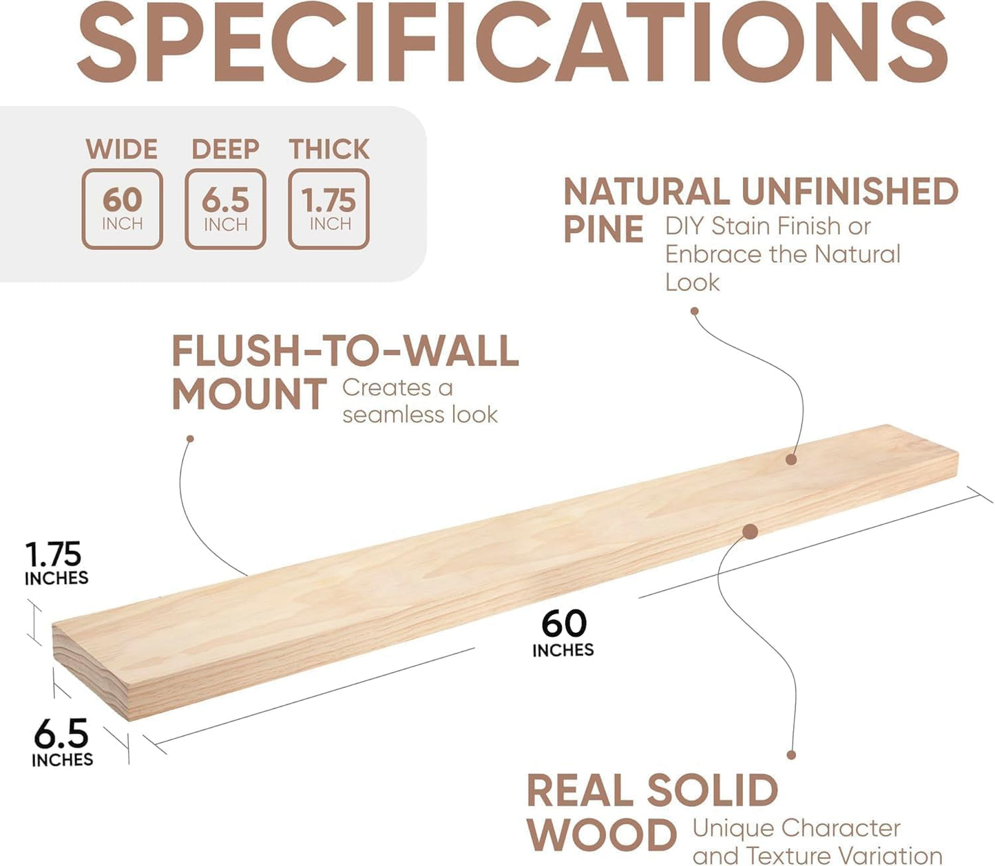 Homeforia 60 inch Wood Floating Shelf, High End Solid Natural Long Wood Shelf for Wall 60 inches, Unfinished Wooden 60inch Large Floating Shelves, Heavy Duty Bracket, 60 X 6.5 X 1.75 in, Set of 2