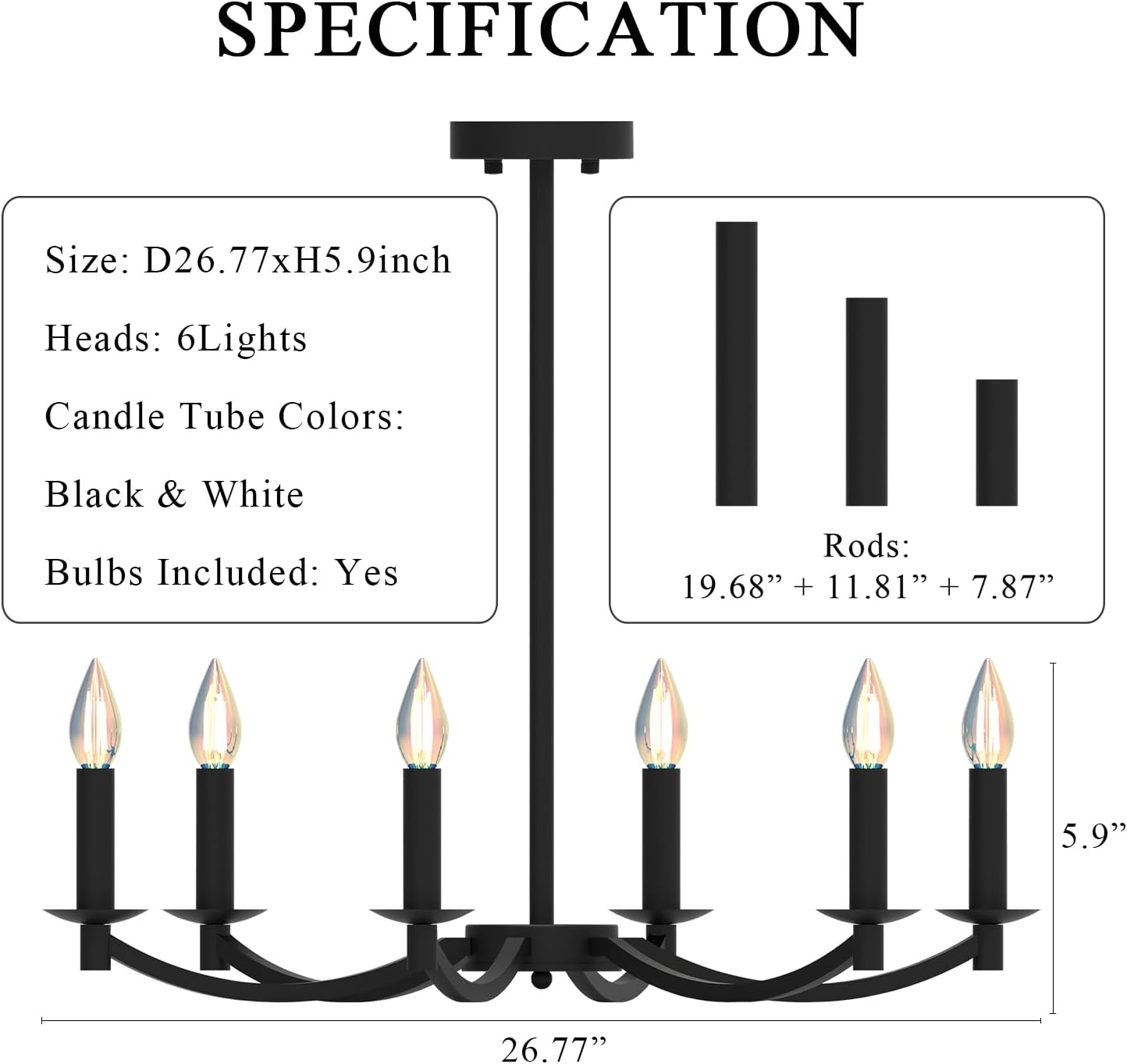 Modern Black Chandelier, Round LED Ceiling Hanging Lamp, Farmhouse Candle Pendant Light Fixtures for Bedroom Living Room Dining Room Kitchen Island (Black-A 6Lights)