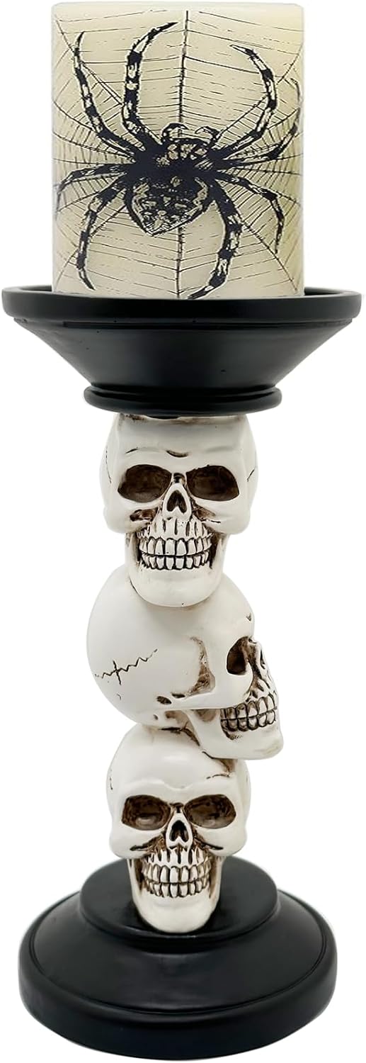 Halloween Skull Candle Holder - Vintage Pillar Candle Holder with Resin Skull Skeleton Design - Indoor Decor