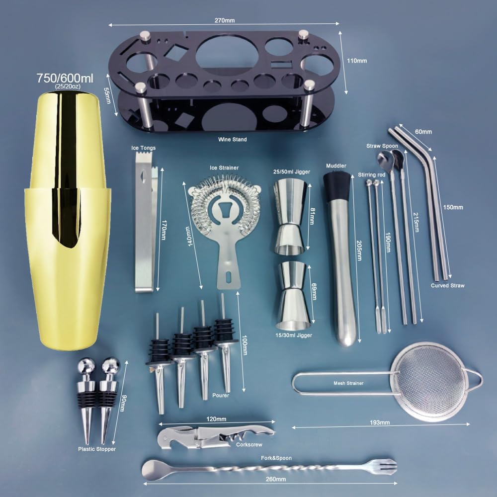 22-Piece Cocktail Shaker Set, 25/20oz Bartender Kit, Bartending Stainless Steel Bar Tools Sets for Drink Mixing, Boston Cocktail Shakers with Stand Recipes Booklet (Rose Copper-25-20oz)