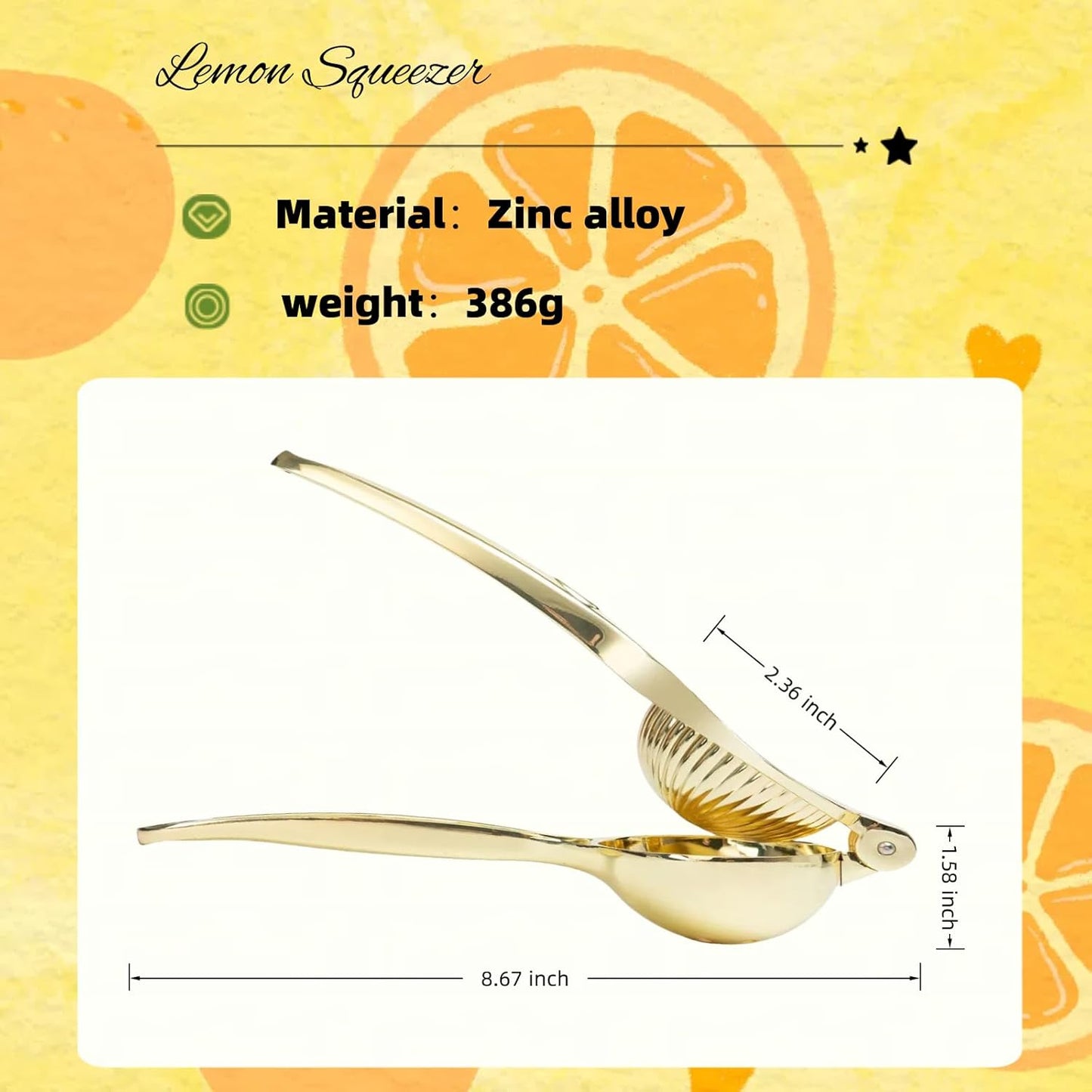 Lemon Squeezer, Heavy Duty Zinc Alloy Manual Lemon Juicer, High Yield Threaded Groove Small Oranges Limes Citrus Juicer Hand Press, Juice Maker for Cocktails Home Restaurant Kitchen Utensils(Gold)